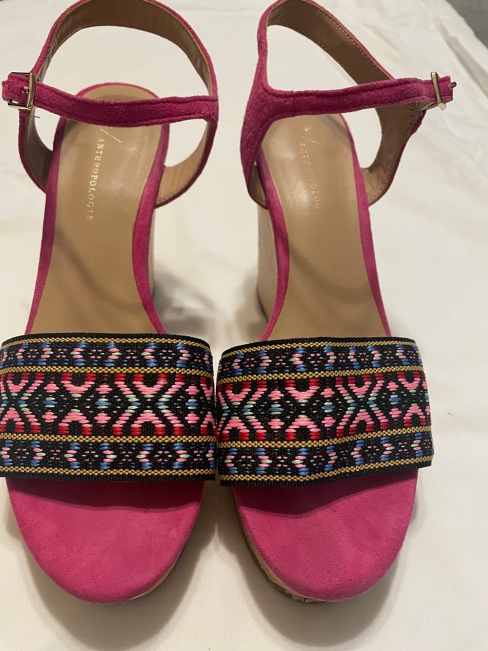 Anthropologie Fuchsia Suede Heeled Sandals with Embroidered Strap